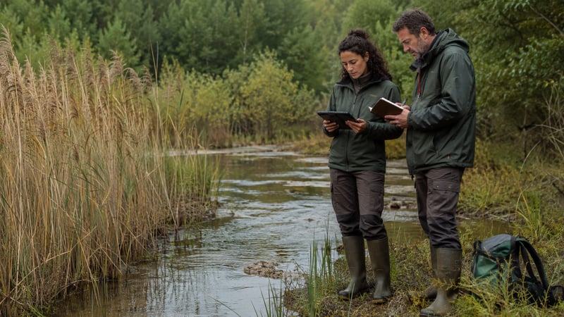 Two fictional field specialists reviewing a tablet